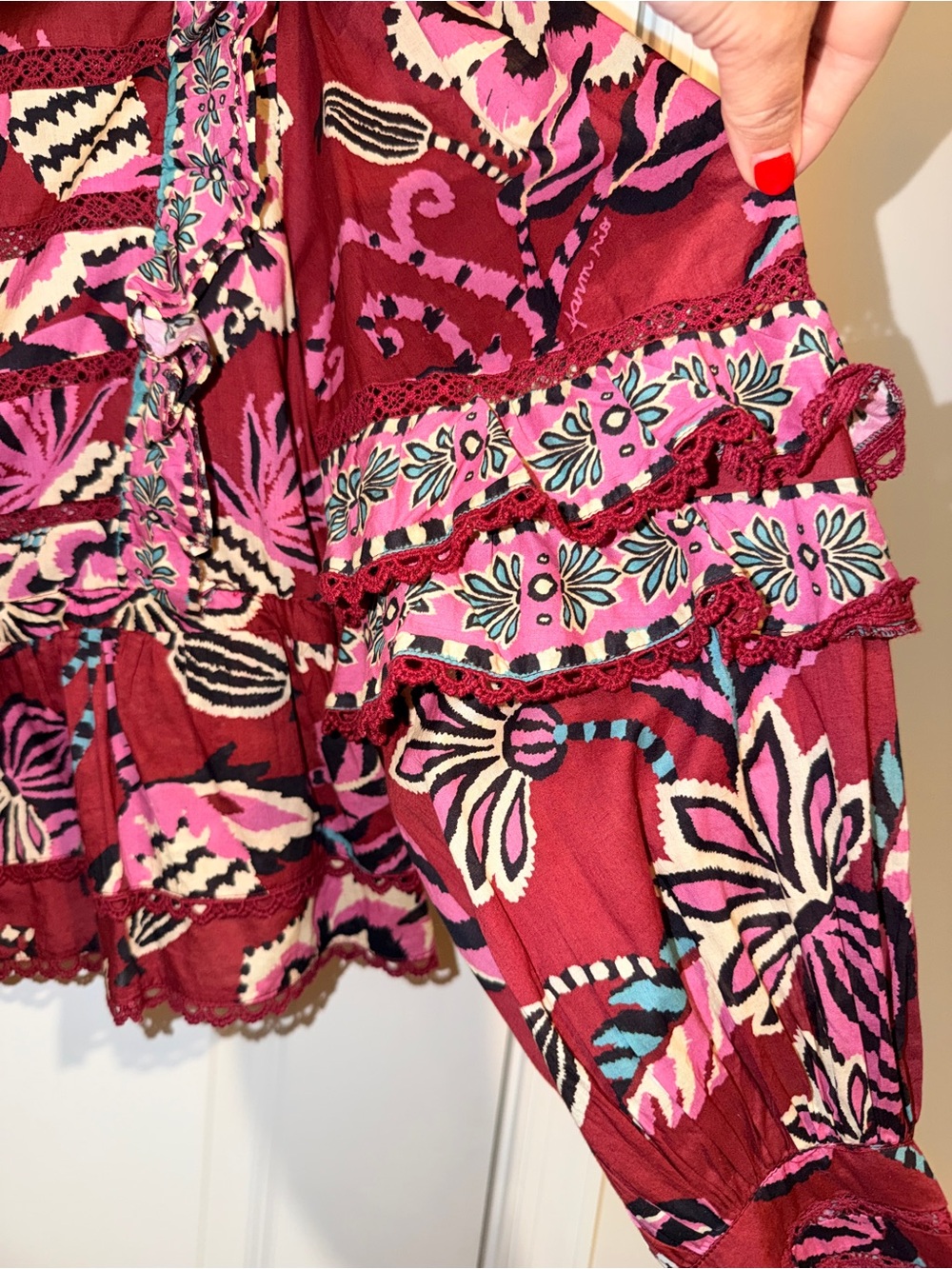 FARM Rio Boho Floral Ruffle Peplum Top - Burgundy Pink - Picture 8 of 11